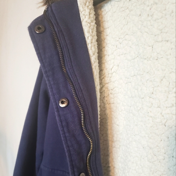 ROXY Blue White Jacket Hoodie Fur Trim Zipper Winter Snap Buttons Size M - Picture 8 of 8